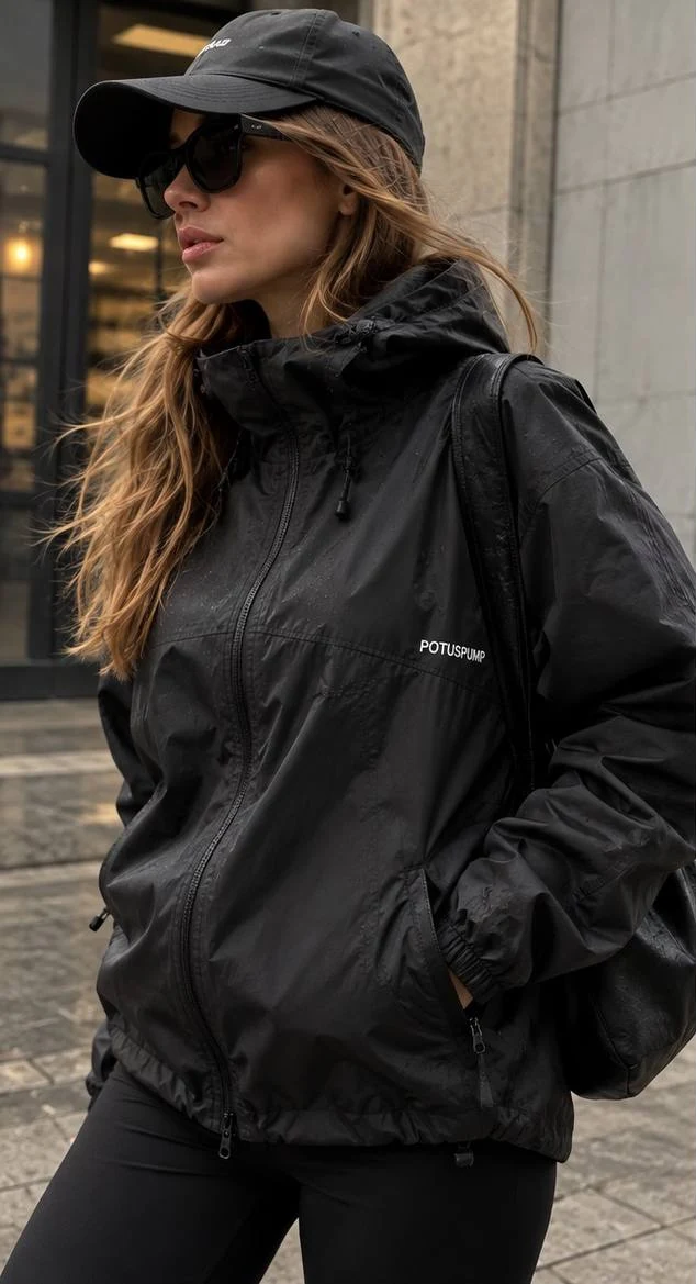 Urban Black Windbreaker worn in an everyday look