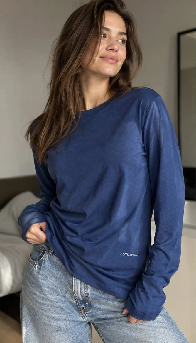 Essential Blue Long Sleeve worn in an everyday look