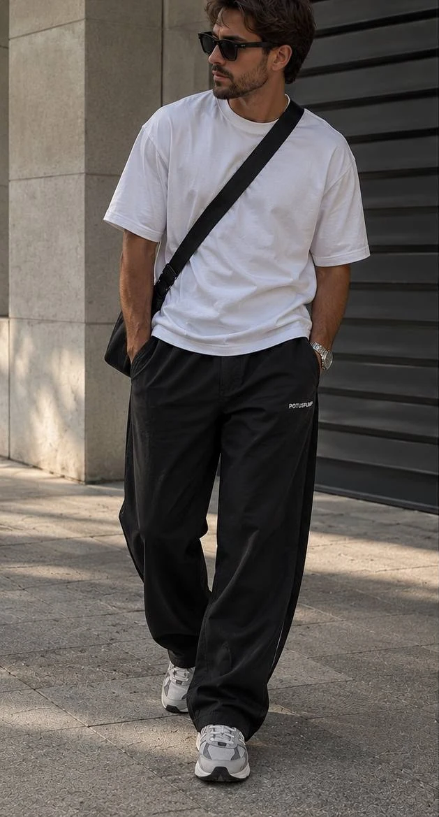 Men’s Relaxed Track Pants worn in an everyday look